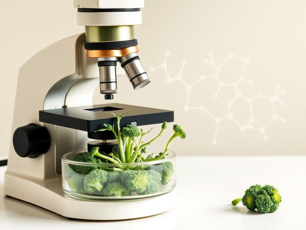 Microscópio com brotos de brócolis e representação molecular